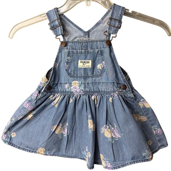 Vintage Osh Kosh B'Gosh Little Girls Bib Overall Dress Denim Floral Size 18M - Picture 1 of 6